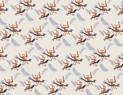 Hand-drawn monkeys and violet tropical leaves patterned wallpaper
