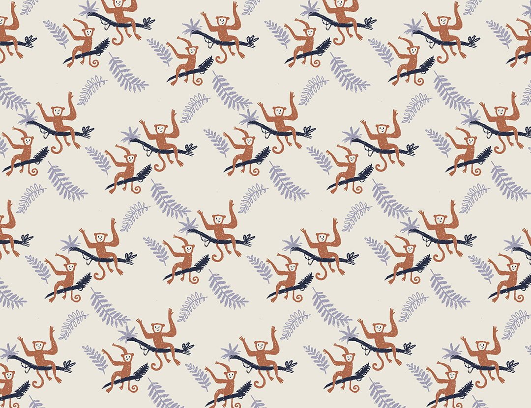 Hand-drawn monkeys and violet tropical leaves patterned wallpaper