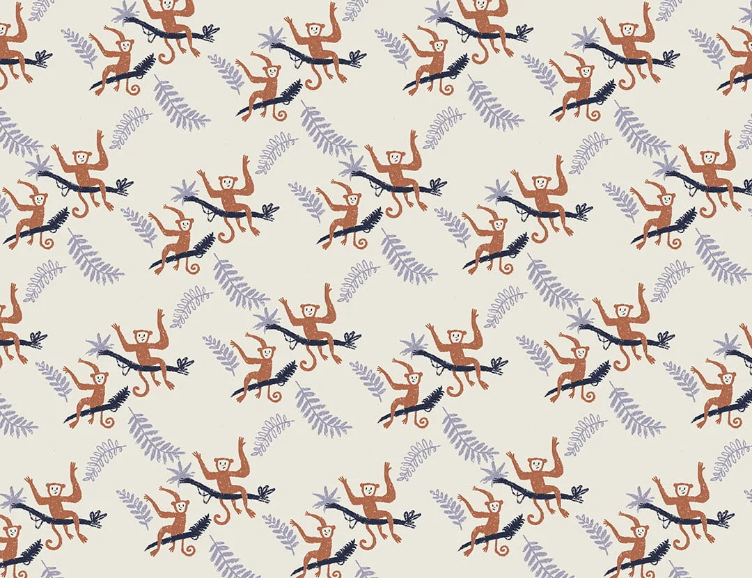 Hand-drawn monkeys and violet tropical leaves patterned wallpaper