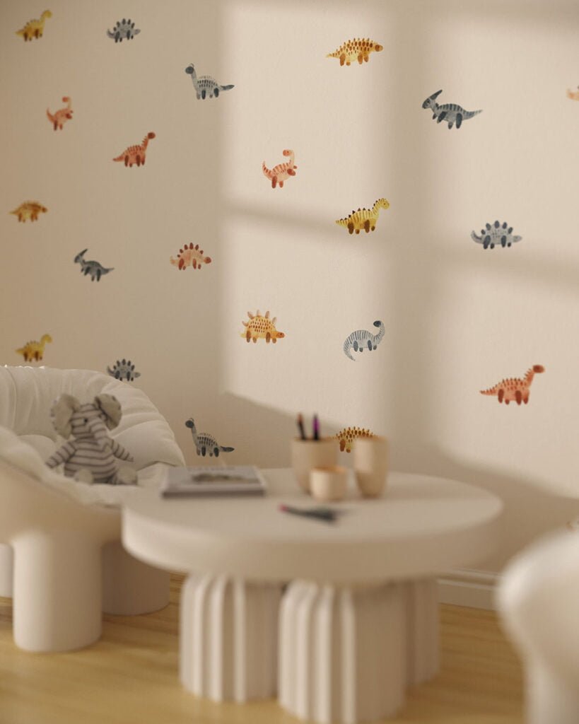 Cute watercolor minimalist dinosaurs patterned wallpaper for a children's room