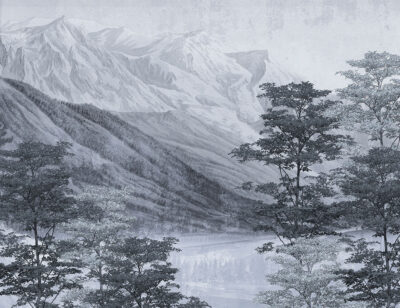 Vintage lake and mountains etching wall mural