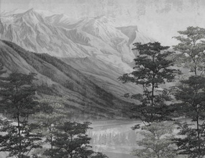 Vintage nature wall mural with gray etching lake and mountains