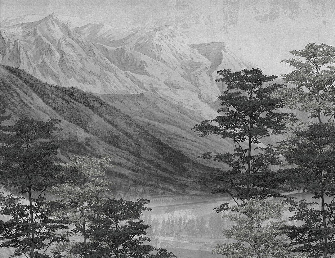 Vintage nature wall mural with gray etching lake and mountains