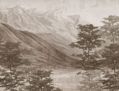 Vintage nature wall mural with brown etching lake and mountains