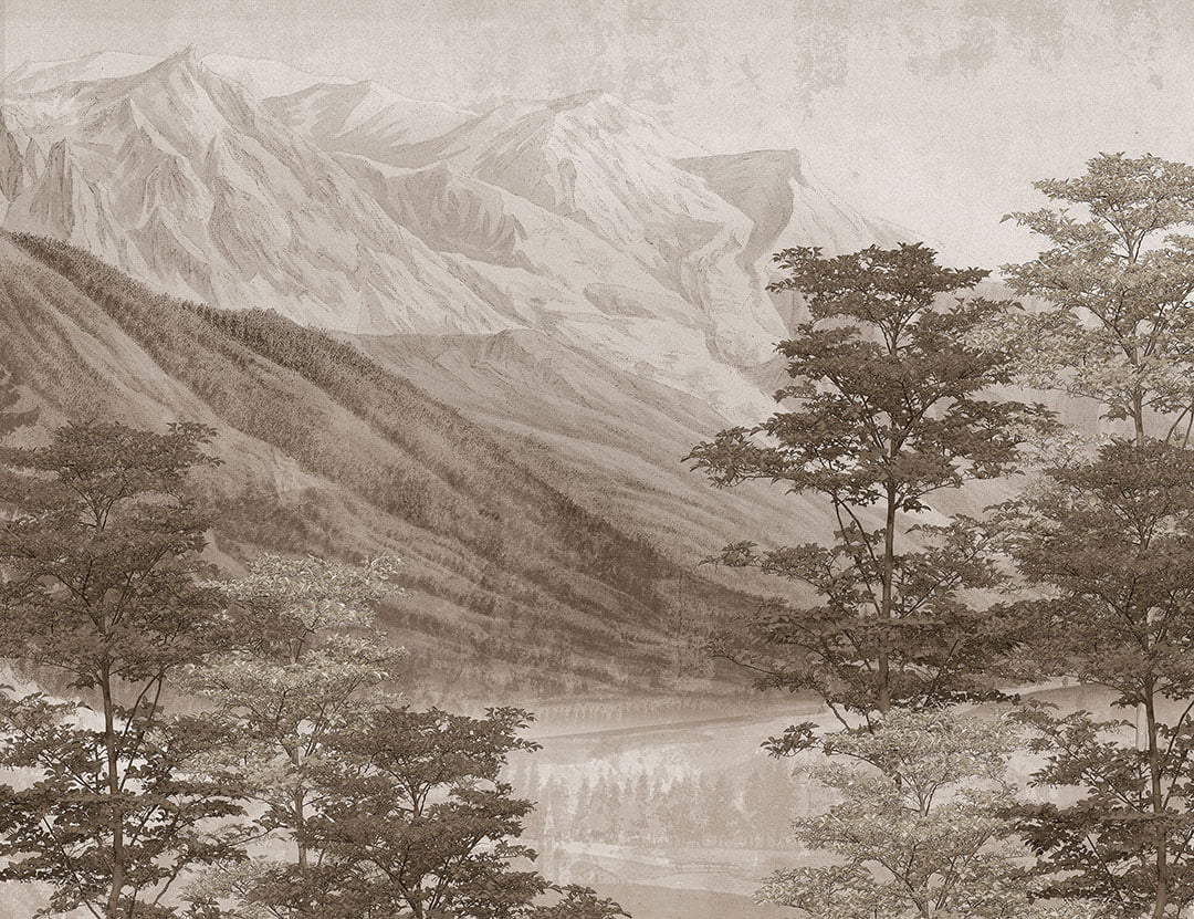 Vintage nature wall mural with brown etching lake and mountains