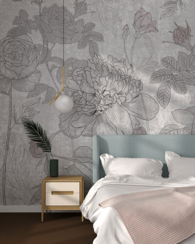 Minimalistic roses line art wall mural for the bedroom