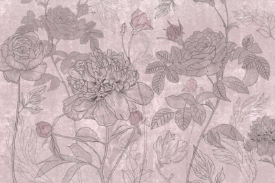 Minimalistic roses line art pink flower wall mural
