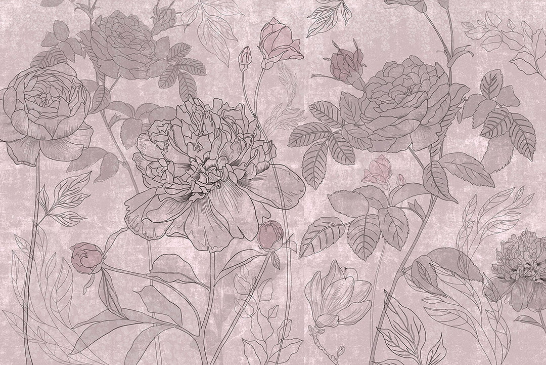 Minimalistic roses line art pink flower wall mural