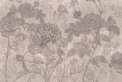 Minimalistic roses line art beige flower wall mural