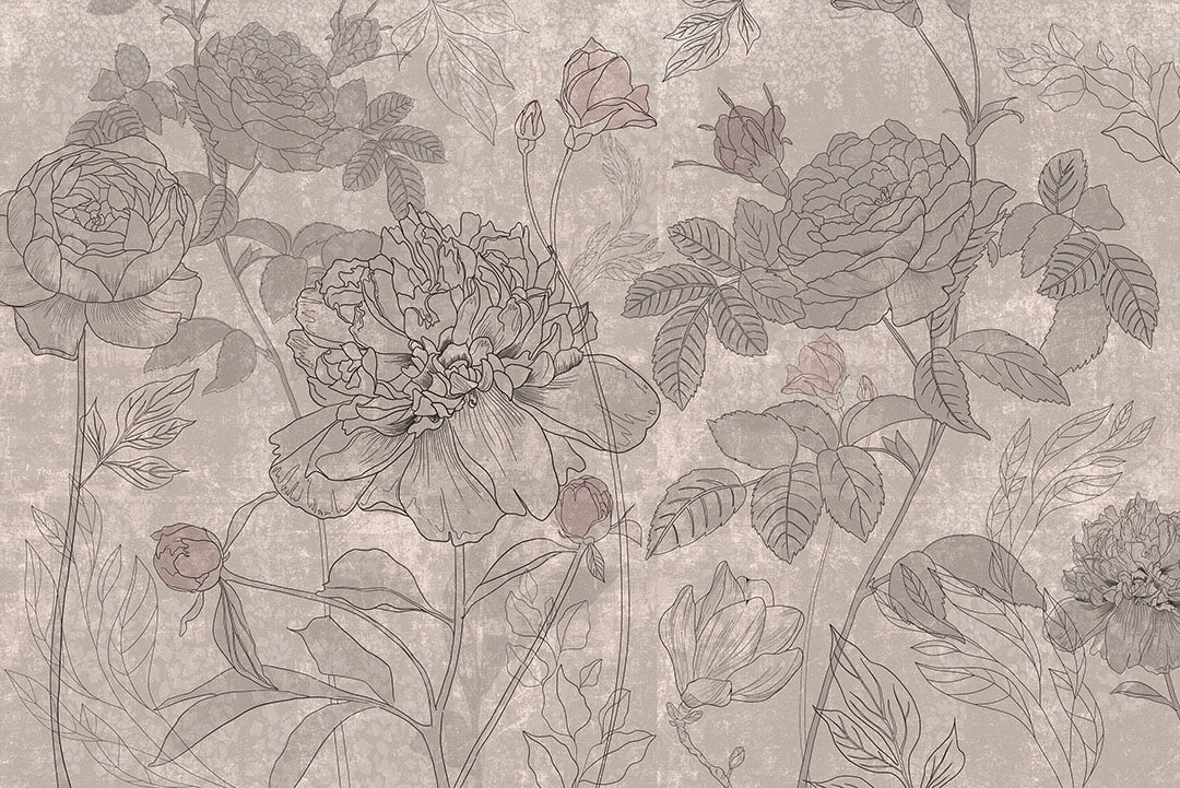 Minimalistic roses line art beige flower wall mural