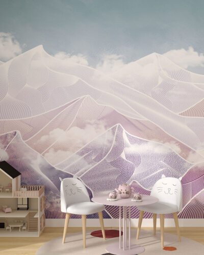 Bright futuristic mountains in clouds wall mural for a children's room