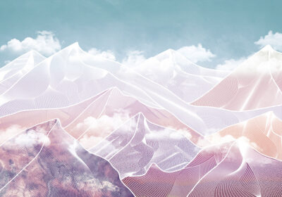 Bright futuristic purple mountains in clouds wall mural