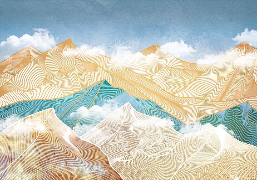 Bright futuristic golden and blue mountains in clouds wall mural