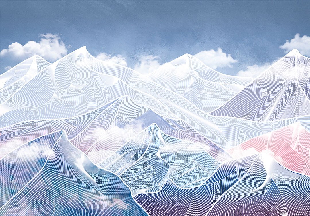 Bright futuristic pink and blue mountains in clouds wall mural