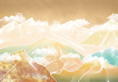 Bright futuristic golden mountains in clouds wall mural