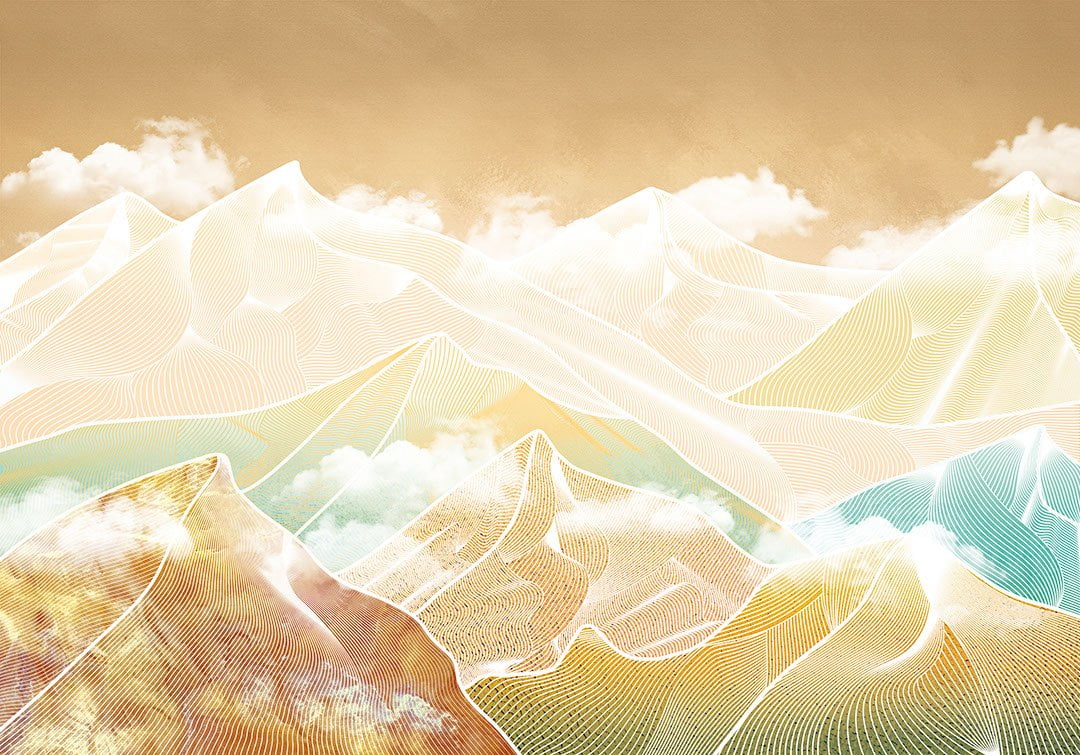 Bright futuristic golden mountains in clouds wall mural