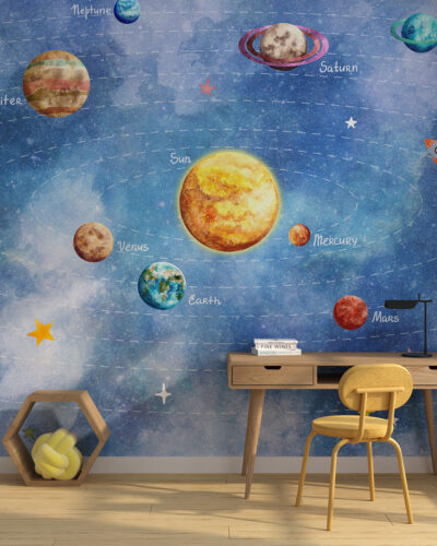 Colorful planets of the solar system wall mural for a children's room