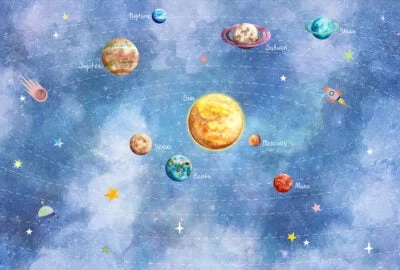 Kids wall mural with colorful planets of the solar system with their inscriptions, rockets and stars