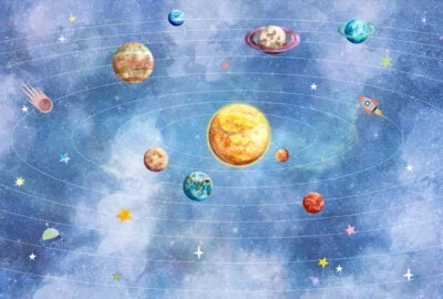 Colorful planets of the solar system with rockets and stars wall mural