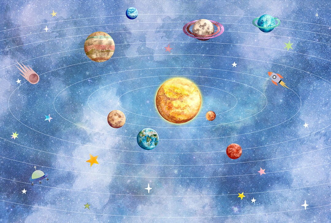 Colorful planets of the solar system with rockets and stars wall mural