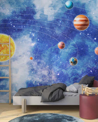 Bright solar system planets wall mural for a children's room
