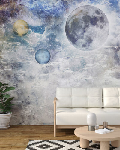 Solar system planets wall mural in grunge style for the living room
