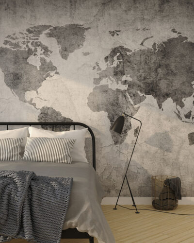 Grey loft styled world map wall mural for the bedroom