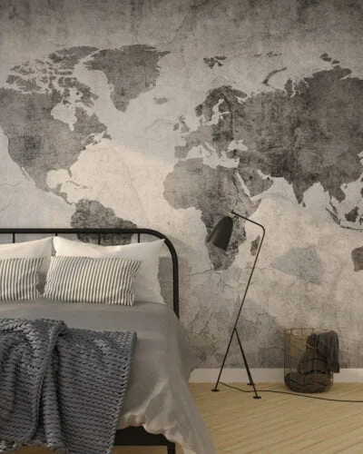 Gray loft styled world map wall mural for the bedroom