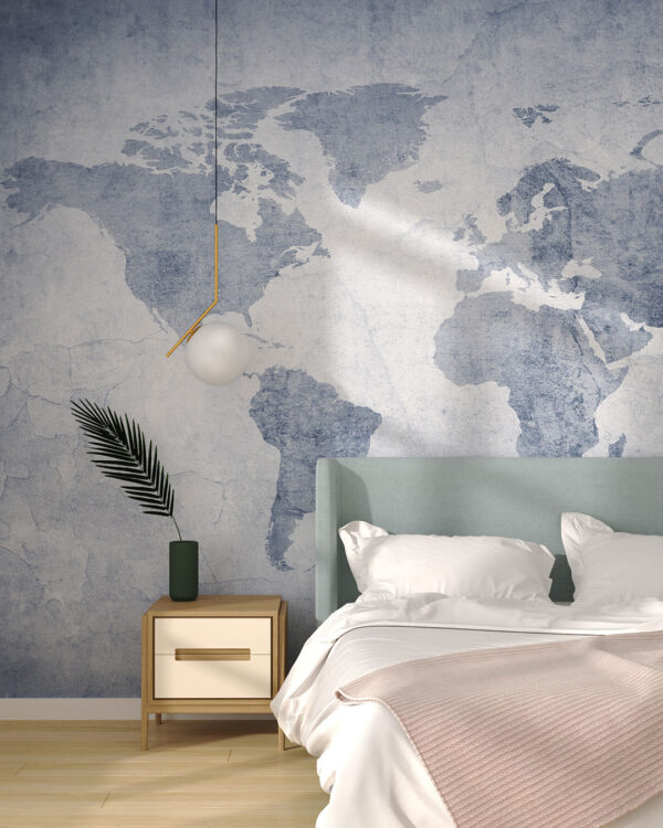 Delicate blue world map wall mural for the bedroom