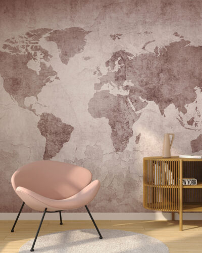 Tender pink world map wall mural for the living room