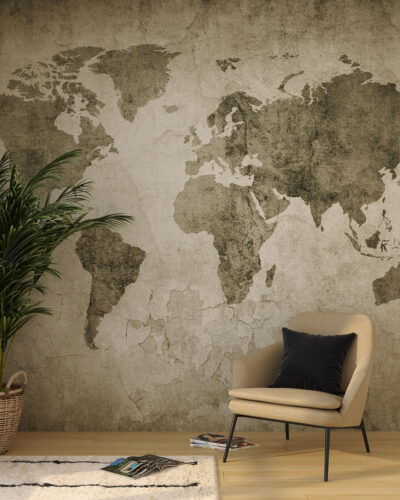 Hazel brown loft styled world map wall mural for the living room
