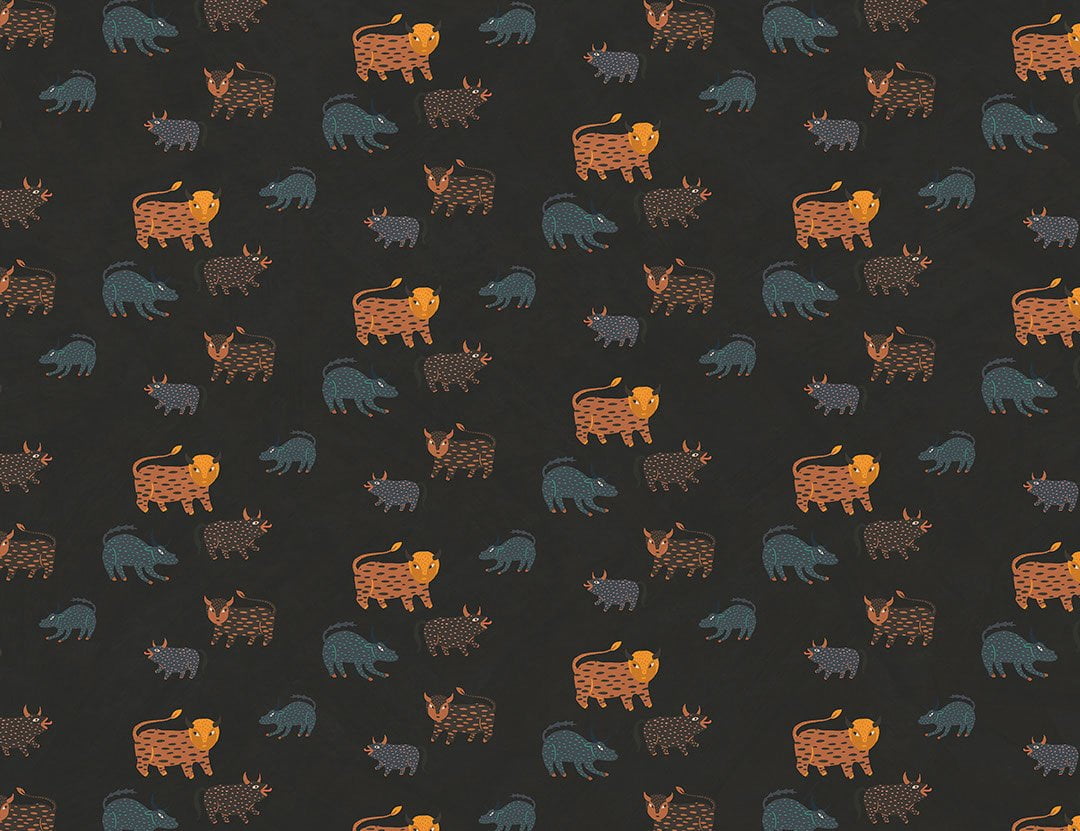 Mythical animals in ethnic Ukrainian style dark patterned wallpaper