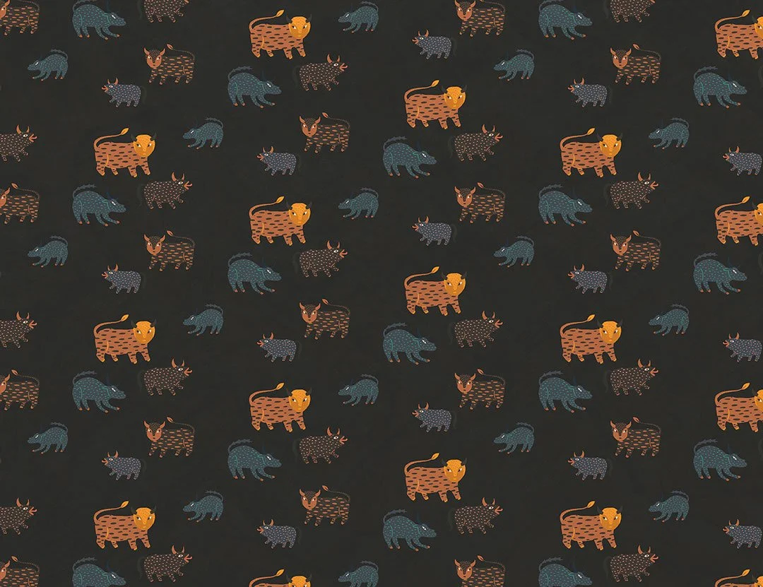 Mythical animals in ethnic Ukrainian style dark patterned wallpaper