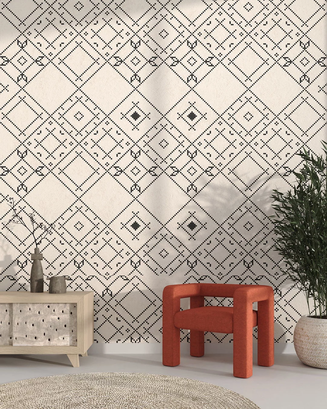 Patterned wallpaper for the living room with Ukrainian traditional ornament