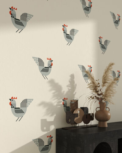 Geometrical roosters patterned wallpaper for the living room