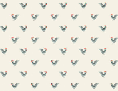 Geometrical roosters patterned wallpaper on the beige background