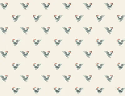 Geometrical roosters patterned wallpaper on the beige background