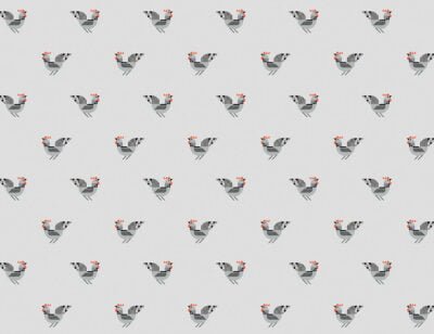 Geometrical roosters patterned wallpaper on the gray background
