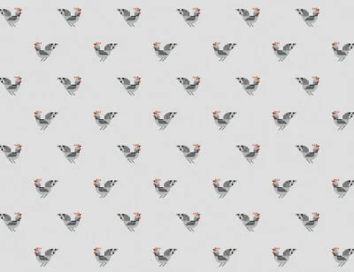 Geometrical roosters patterned wallpaper on the gray background