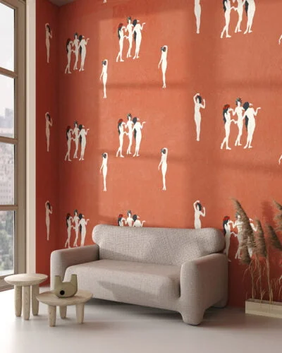 Tender girls in flower crowns patterned wallpaper for the living room