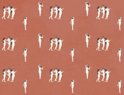 Tender girls in flower crowns patterned modern wallpaper on the red background