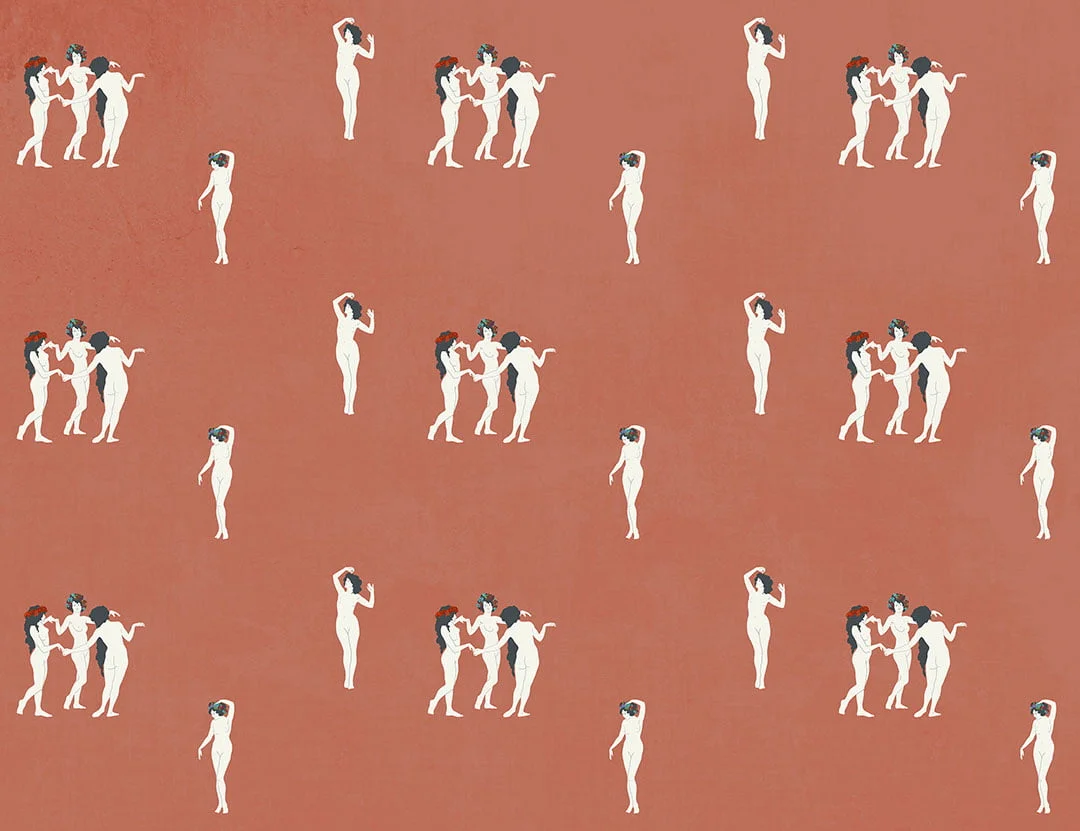 Tender girls in flower crowns patterned modern wallpaper on the red background