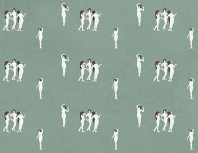 Tender girls in flower crowns patterned modern wallpaper on the green background