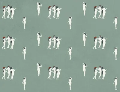 Tender girls in flower crowns patterned modern wallpaper on the green background