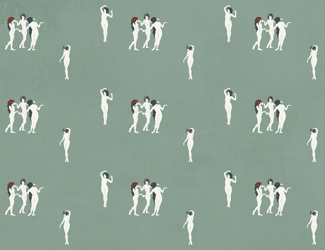 Tender girls in flower crowns patterned modern wallpaper on the green background