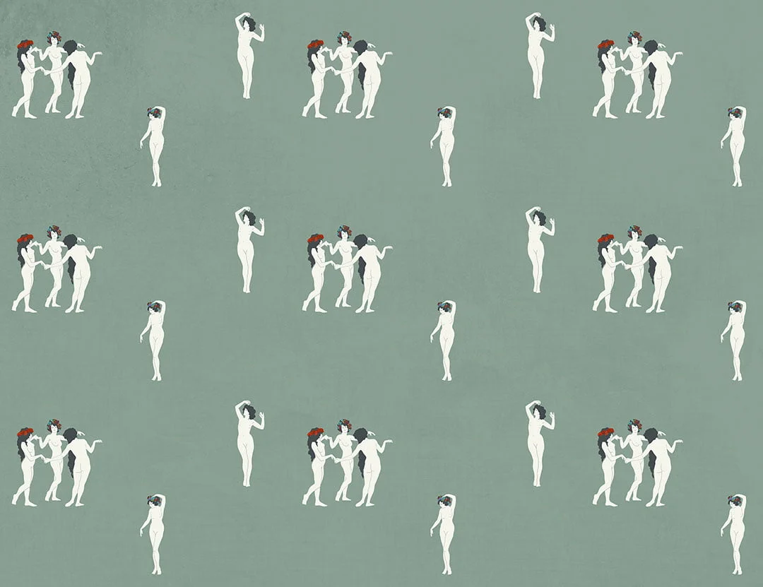 Tender girls in flower crowns patterned modern wallpaper on the green background