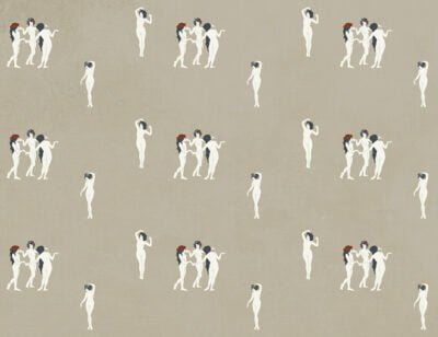 Tender girls in flower crowns patterned modern wallpaper on the gray background