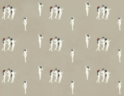 Tender girls in flower crowns patterned modern wallpaper on the gray background