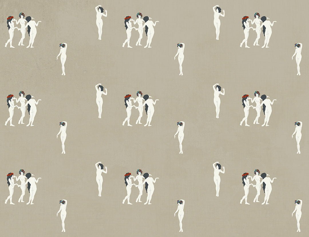 Tender girls in flower crowns patterned modern wallpaper on the gray background
