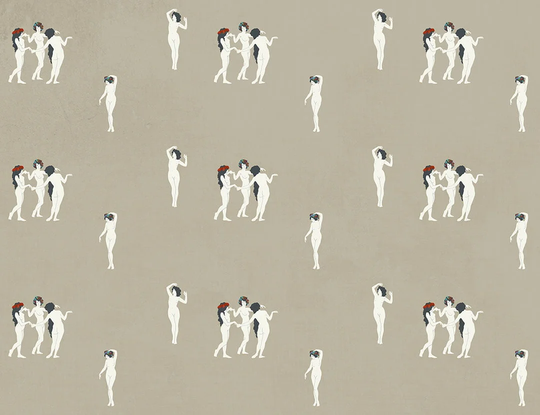 Tender girls in flower crowns patterned modern wallpaper on the gray background